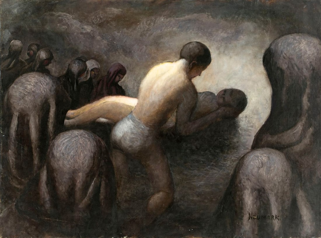 Neumark (US,20C) oil painting: ARTIST: Neumark (American, 20 century) TITLE: Funeral Scene MEDIUM: oil on canvas CONDITION: Some small scratches mostly along edges. No visible inpaint under UV light. Norm
