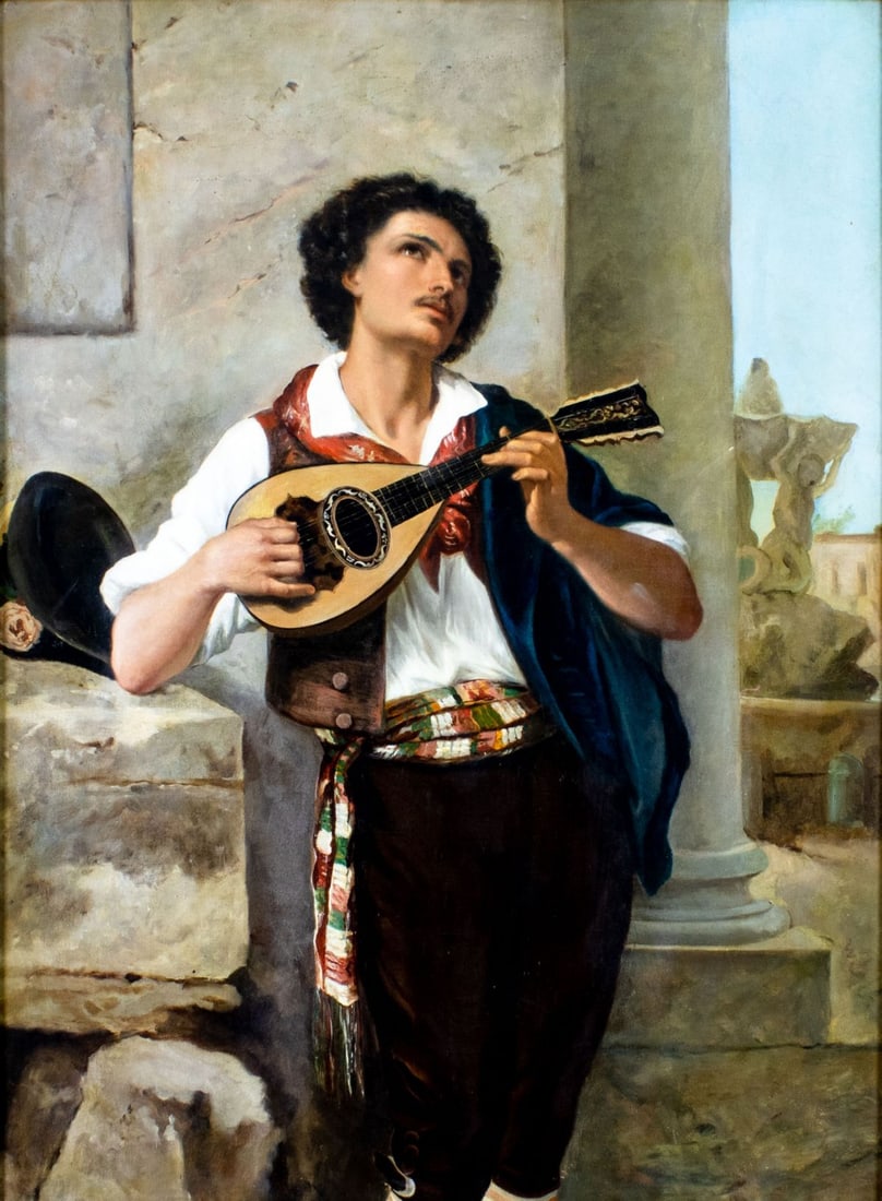 ATTRIB Roberto Bompiani (Italy,1821-1908) oil painting antique: ARTIST: ATTRIBUTED TO Roberto Bompiani (Italian, 1821 - 1908) TITLE: Mandolin Player MEDIUM: oil on canvas CONDITION: Few small scratches/paint losses. Minor craquelure. F