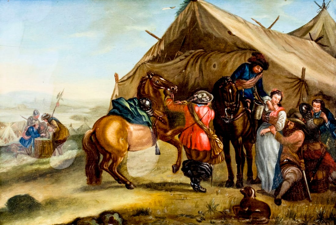 Antique 19C European oil painting: ARTIST: - (Europe, 19 century) TITLE: Camp Scene MEDIUM: oil on board CONDITION: One faint 1.5" long crack to left side of board. Few small paint losses. No visible inpain