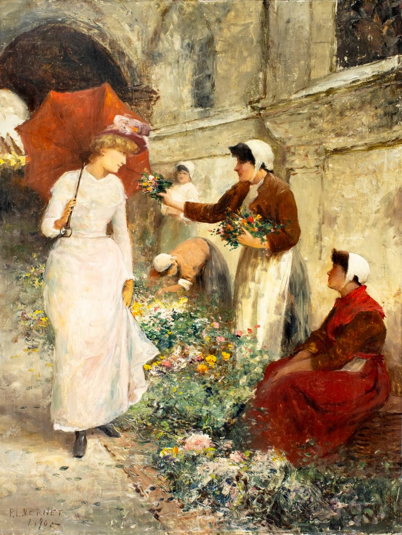 P L Vernet (France,19C) oil painting antique: ARTIST: P L Vernet (French, 19 century) TITLE: Flower Market Scene YEAR: 1890 MEDIUM: oil on board CONDITION: Few very minor paint losses. Few scattered