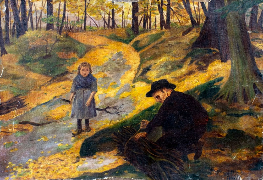 D Puglisi (Europe,early 20C) oil painting antique: ARTIST: D Puglisi (European, early 20 century) TITLE: Collecting Fire Wood YEAR: 1923 MEDIUM: oil on canvas CONDITION: Relined. Some damages to edges and
