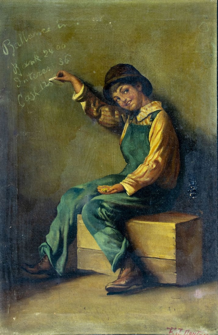 F J Danton (US,early 20C) oil painting antique: ARTIST: F J Danton (American, early 20 century) TITLE: Boy Counting Income MEDIUM: oil on canvas CONDITION: One small patch. Some small scratches/paint losses. Some scatter
