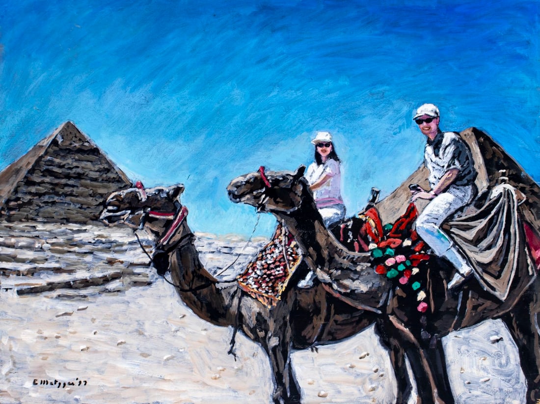 Evelyn Metzger (NY,Brazil,1911-2007) oil painting: ARTIST: Evelyn Borchard Metzger (New York, Brazilian, 1911 - 2007) TITLE: Camel Riders, Egypt YEAR: 1997 MEDIUM: oil on board CONDITION: Few minor scrat