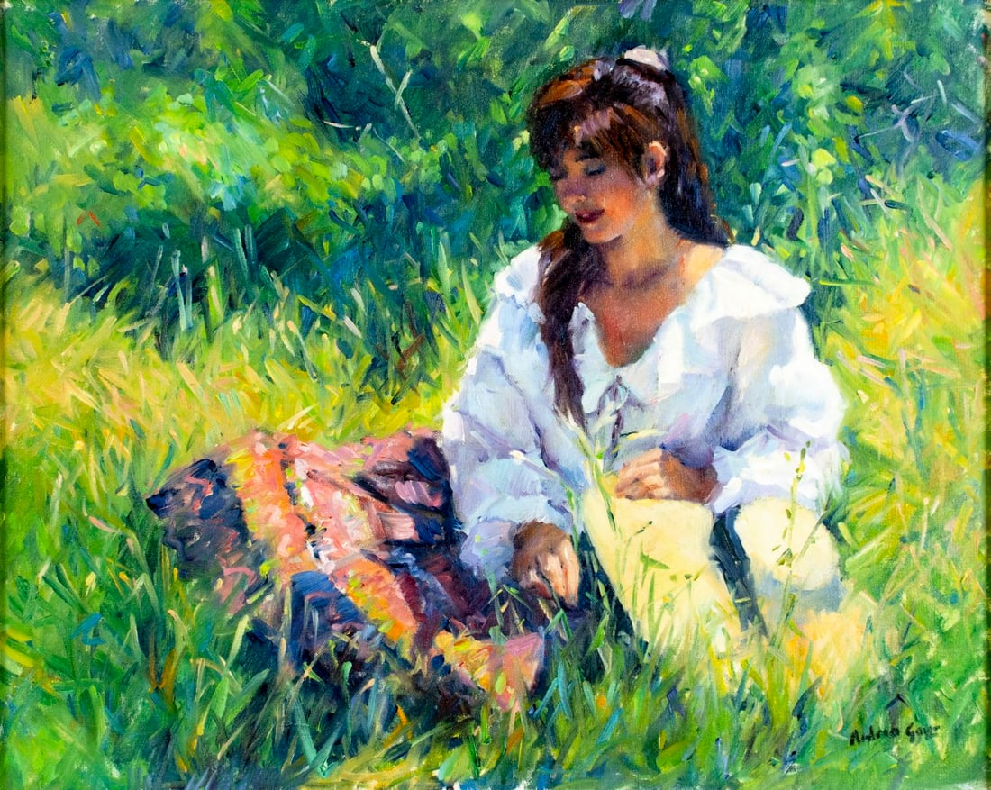 Andrea Gaye (CA,20/21C) oil painting: ARTIST: Andrea Gaye (California, 20/21 centuries) TITLE: Woman in Field MEDIUM: oil on canvas CONDITION: Overall good. No visible inpaint under UV light. Wear to frame. <