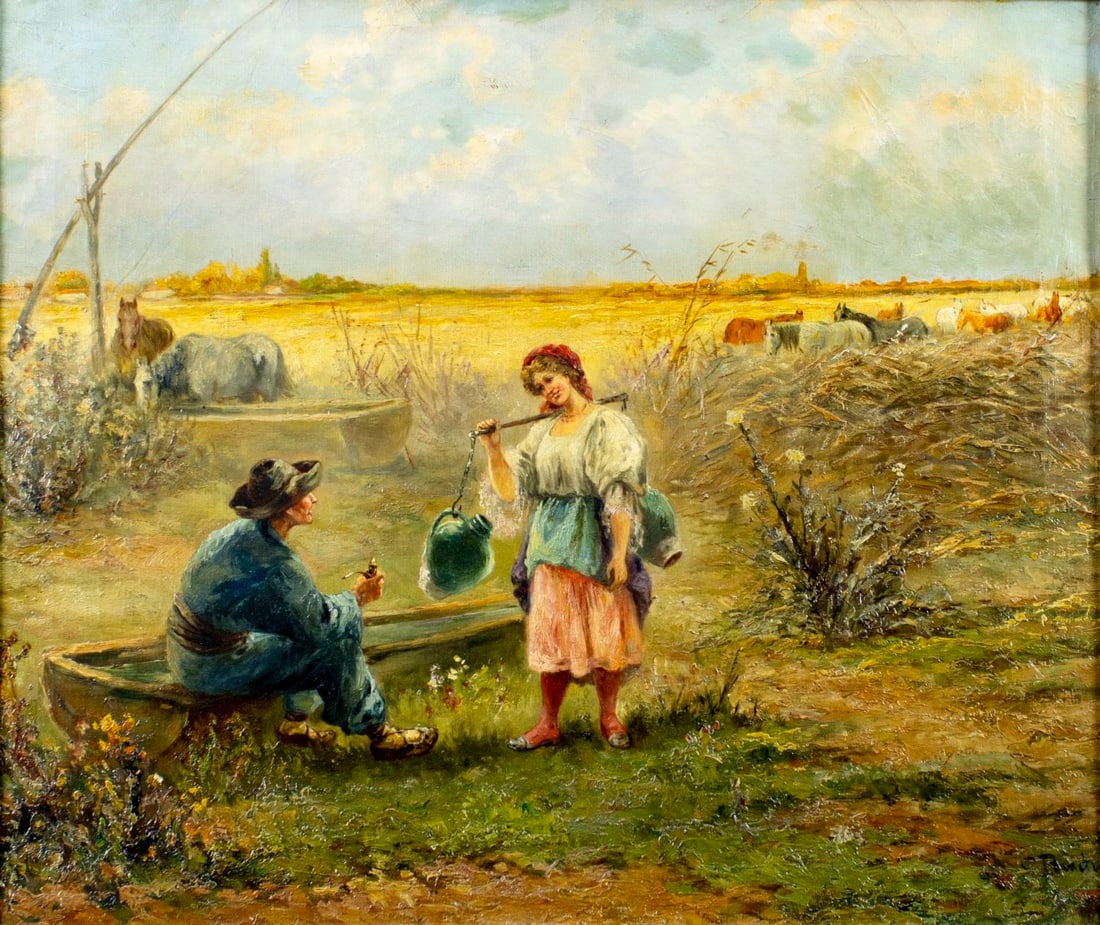 Antique early 20C Hungarian oil painting signed: ARTIST: - (Hungary, early 20 century) TITLE: Farm Scene MEDIUM: oil on canvas CONDITION: Some repaired tears. Few small paint losses. Some craquelure. Some scattered inpai
