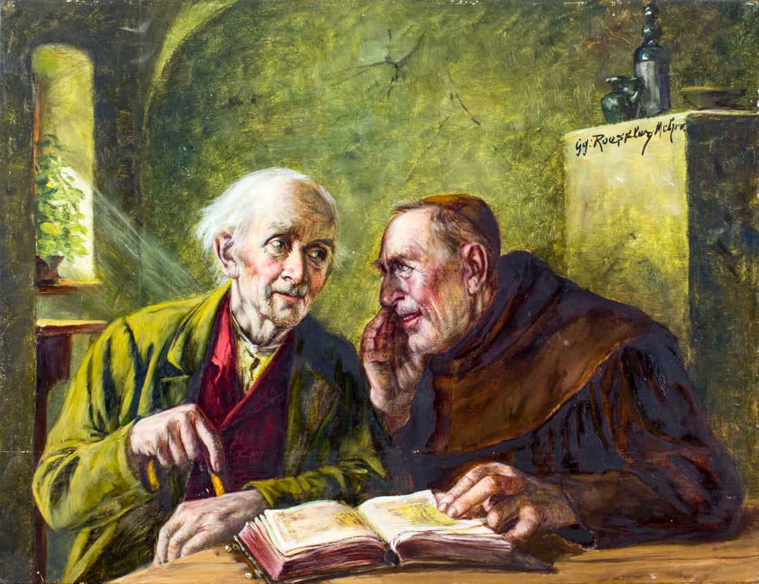 G Roessberg (Germany,19/20C) oil painting antique: ARTIST: G Roessberg (German, 19/20 centuries) TITLE: Gossip MEDIUM: oil on board CONDITION: Few minor paint losses. No visible inpaint under UV light. ART SIZE:</