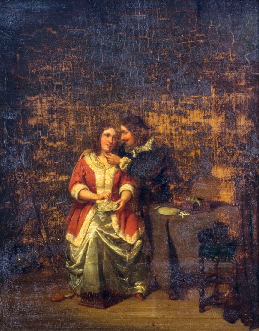Antique 19C European oil painting signed: ARTIST: - (Europe, 19 century) TITLE: The Gift of Pearls MEDIUM: oil on board CONDITION: Some paint losses. Some craquelure. No visible inpaint under UV light. (AS IS. See