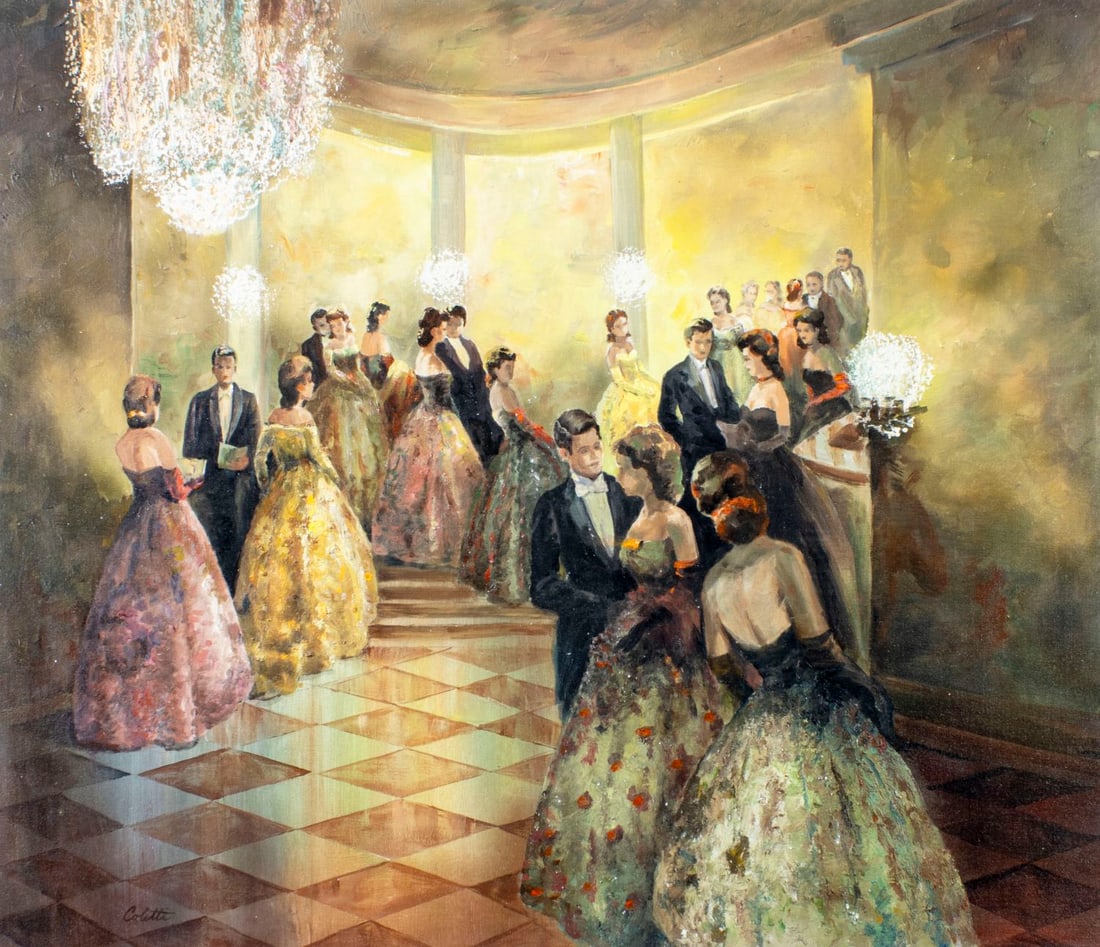 C Coletti (Romania,Germany,1934-?) oil painting: ARTIST: C Coletti (Romanian,German, 1934 - ???) TITLE: Ball Scene MEDIUM: oil on canvas CONDITION: Unstretched (In-House stretching available) (In-House stretching availab