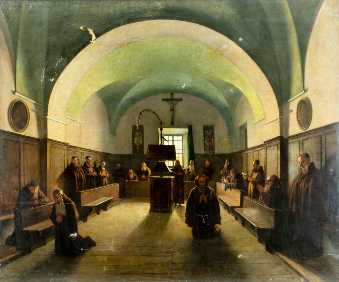 Felix Malard (France,1840-?) oil painting antique: ARTIST: Felix Malard (French, 1840 - ???) TITLE: Chapel Scene YEAR: 1868 MEDIUM: oil on canvas CONDITION: Relined. Few patches. Some damages to canvas