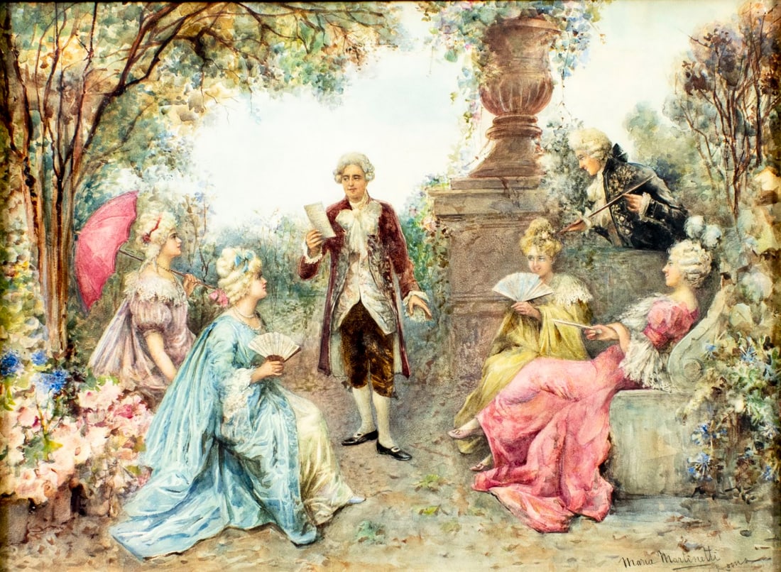 Maria Martinetti (CA,Italy,1864-1921) watercolor painting antique: ARTIST: Maria Martinetti (California, Italian, 1864 - 1921) TITLE: Garden Scene MEDIUM: watercolor on heavy paper CONDITION: Some foxing (just few spots). Some age toning.