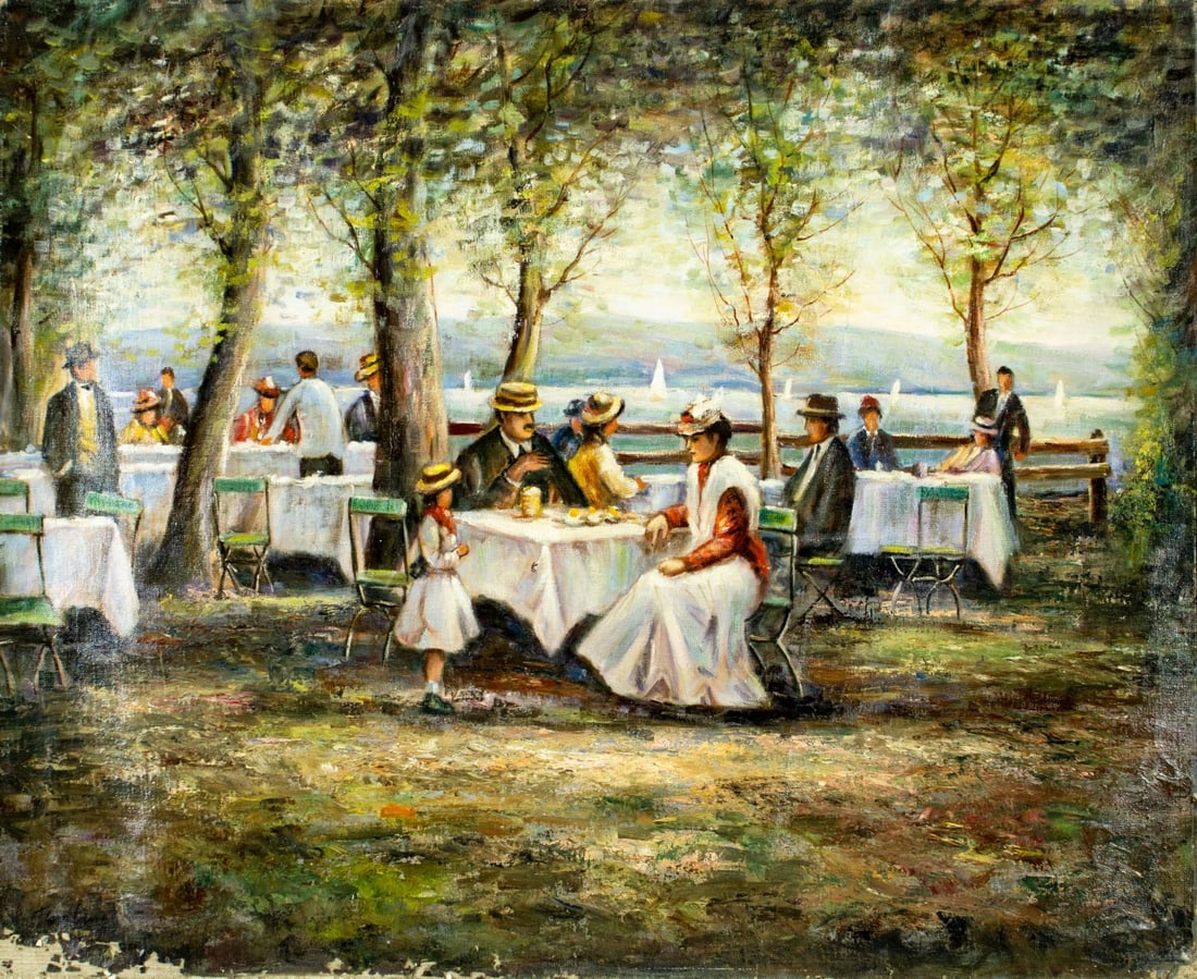 Fontanet (Europe,20C) oil painting: ARTIST: Fontanet (European, 20 century) TITLE: Coastal Cafe Scene YEAR: 1988 MEDIUM: oil on canvas CONDITION: Unstretched (In-House stretching available)