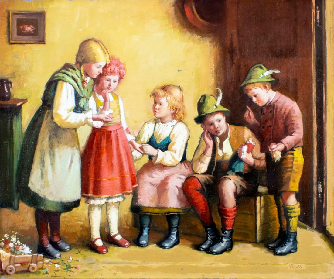 L V Strauss (German,20C) oil painting: ARTIST: L V Strauss (Germany, 20 century) TITLE: Children Playing MEDIUM: oil on canvas CONDITION: Unstretched (In-House stretching available) (In-House stretching available