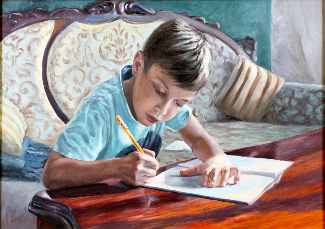 Igor Grey (Ukraine,b 1975) oil painting: ARTIST: Igor Grey (Ukrainian, born 1975) TITLE: The Writer (titled on verso) YEAR: 2016 MEDIUM: oil on canvas CONDITION: Very good. No visible inpaint un
