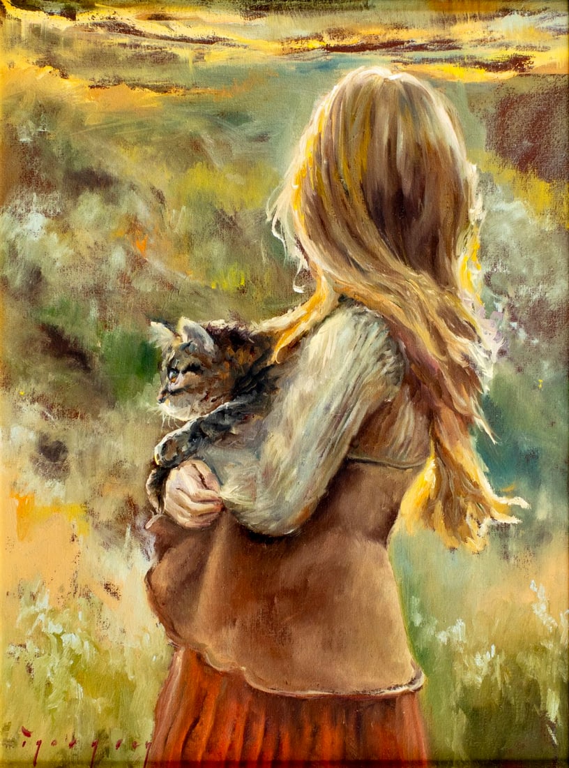 Igor Grey (Ukraine,b 1975) oil painting: ARTIST: Igor Grey (Ukrainian, born 1975) TITLE: Girl with Cat - Sunset (titled on verso) YEAR: 2016 MEDIUM: oil on canvas CONDITION: Very good. No visibl