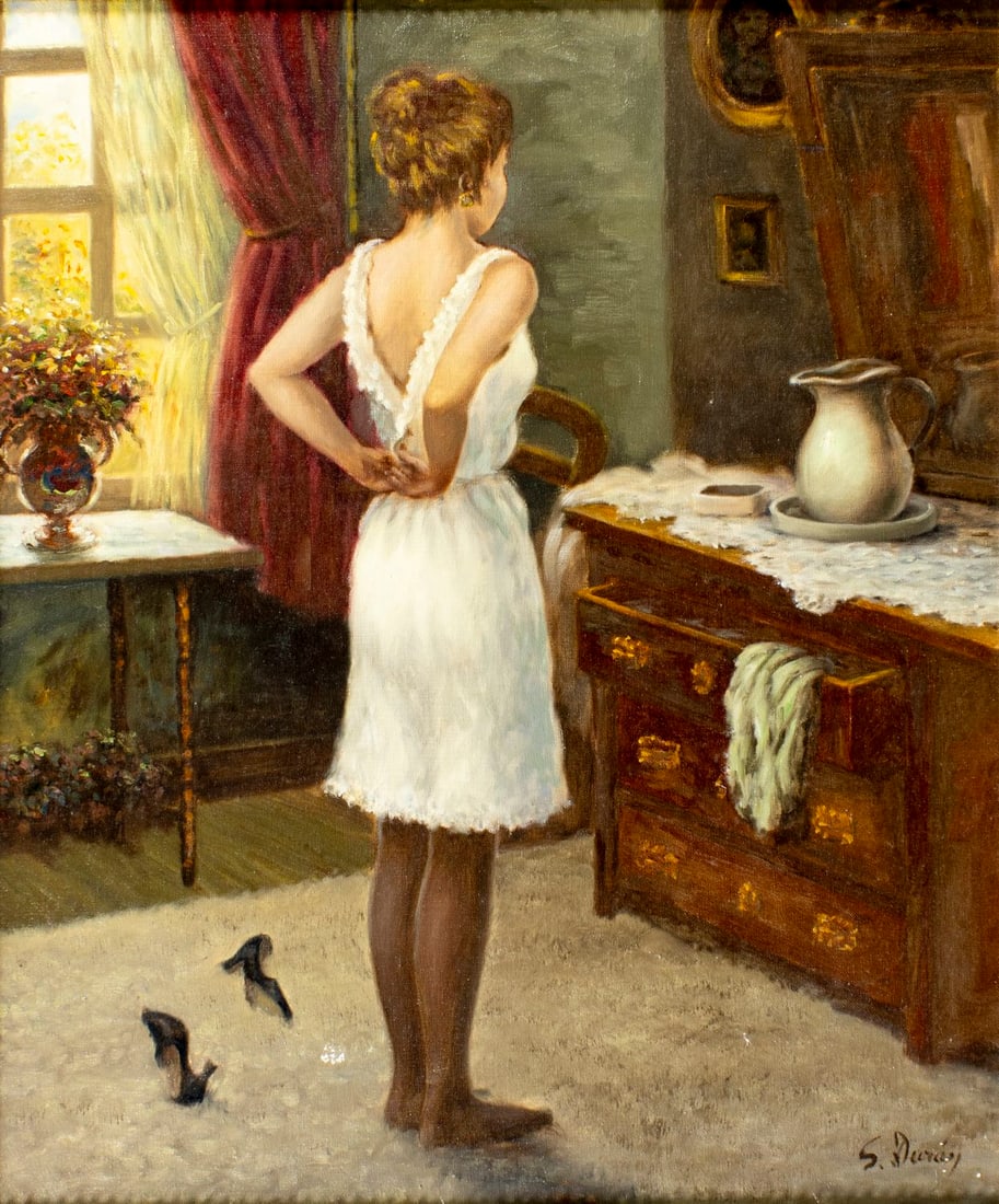 S Duran (Europe,20C) oil painting: ARTIST: S Duran (European, 20 century) TITLE: Woman at Dressing Table MEDIUM: oil on canvas CONDITION: Some paint losses. Very minor craquelure. Few scattered minor inpainti