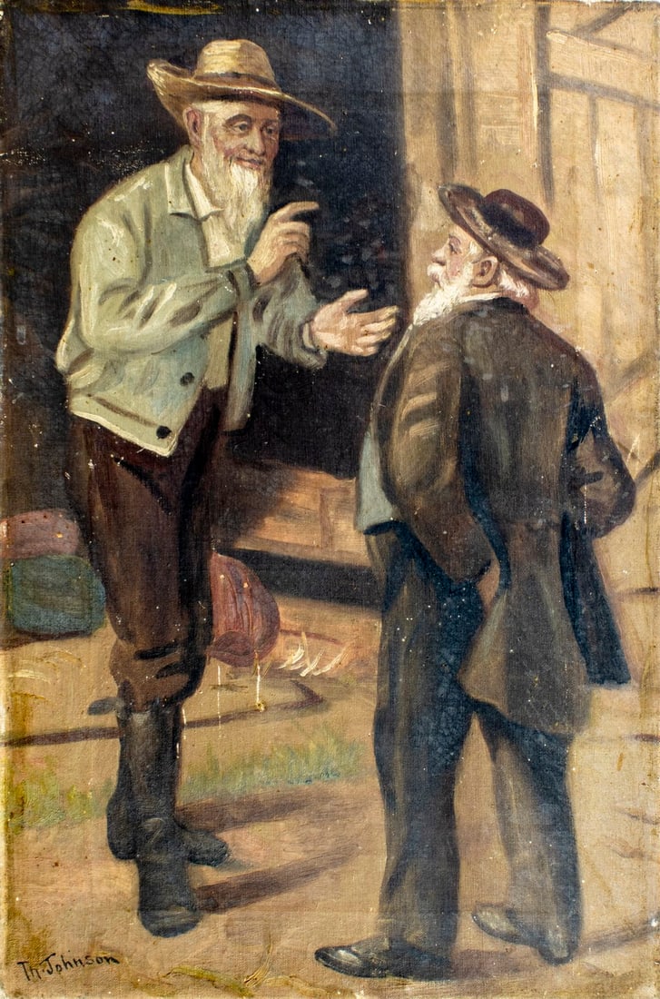 Th Johnson (US,early 20C) oil painting antique: ARTIST: Th Johnson (American, early 20 century) TITLE: Two Men Talking MEDIUM: oil on canvas CONDITION: One small patch. Some scratches/paint losses. Some craquelure. No vis