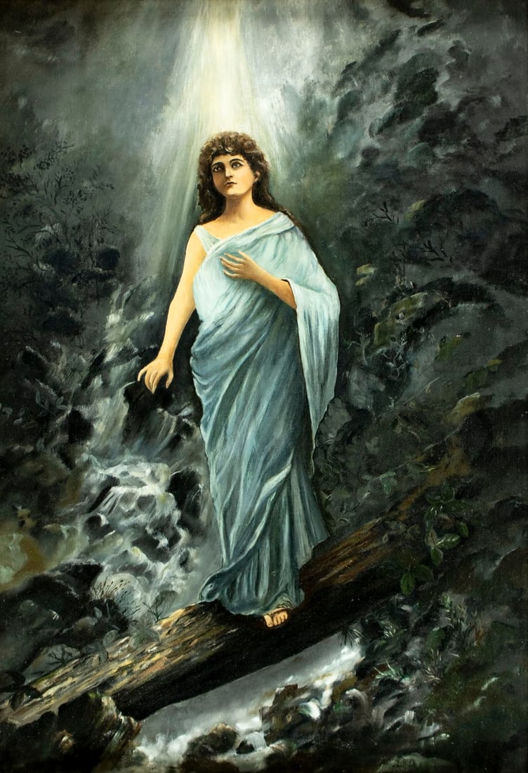 Antique early 20C British oil painting: ARTIST: - (United Kingdom, early 20 century) TITLE: Woman in Blue MEDIUM: oil on canvas CONDITION: Overall good. No visible inpaint under UV light. Some small damages to f
