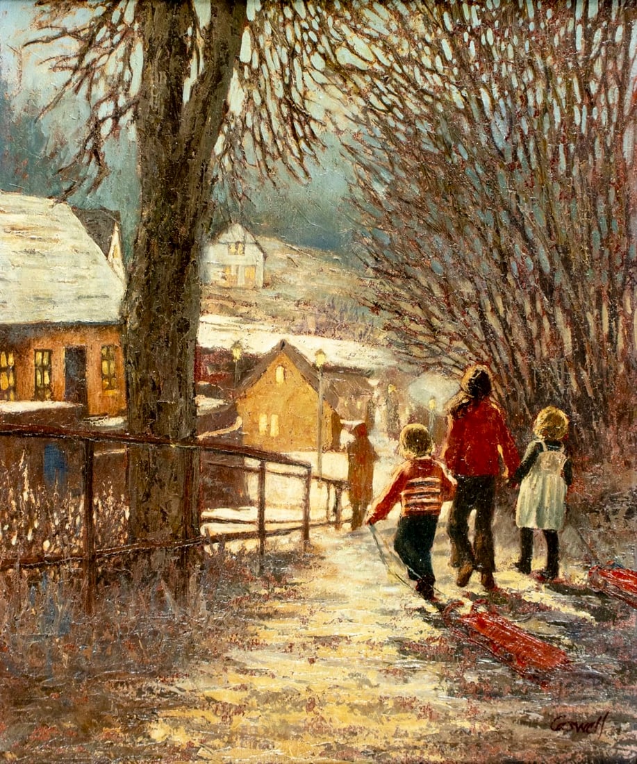 Helen Caswell (CA,1923-2018) oil painting: ARTIST: Helen Rayburn Caswell (California, 1923 - 2018) TITLE: Sled Time (titled on label) YEAR: 1977 MEDIUM: oil on canvas CONDITION: Few minor paint