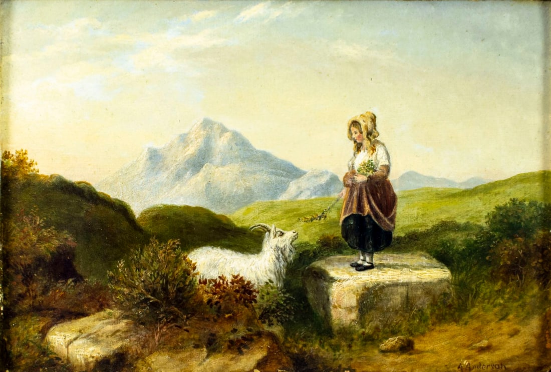 A Anderson (UK,early 20C) oil painting antique: ARTIST: A Anderson (United Kingdom, early 20 century) TITLE: Mountain Rambler MEDIUM: oil on board CONDITION: Few minor paint losses. Some scattered small inpaintings. Some