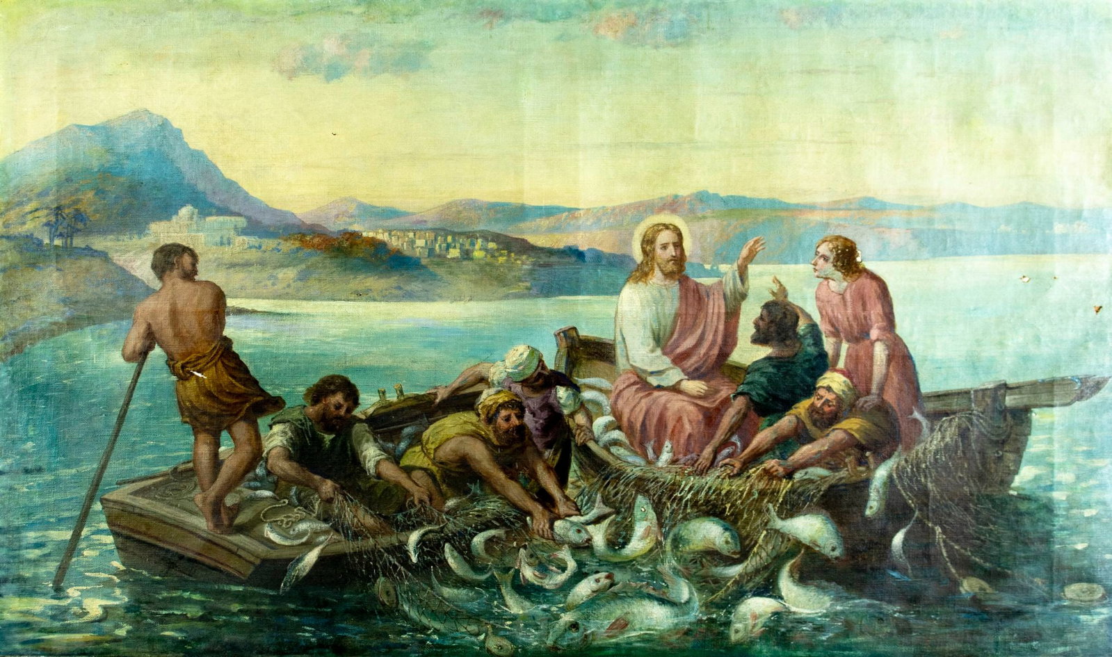 Antique 19C European oil painting: ARTIST: - (Europe, 19 century) TITLE: Miraculous Catch of Fish MEDIUM: oil on canvas CONDITION: Some patches. Some damages to edges and corners of canvas. Some craquelure. S