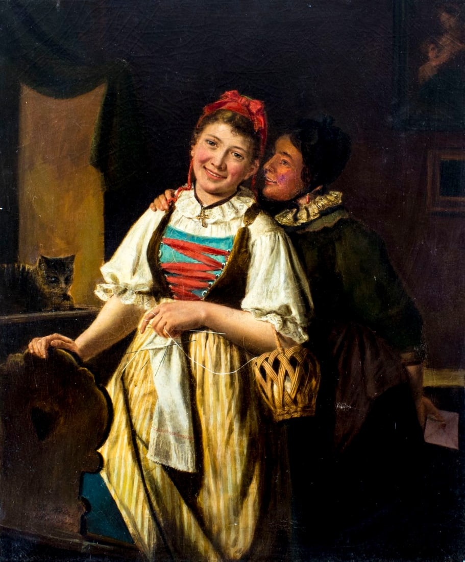 Carl Hetz (German,1828-1899) oil painting antique: ARTIST: Johann Karl Hetz (Germany, 1828 - 1899) NAME: Gossips MEDIUM: oil on canvas CONDITION: Relined. Some craquelure. Few scattered inpaintings. SIGHT SIZE: 26 1/2 x 22 inches / 68 x 5
