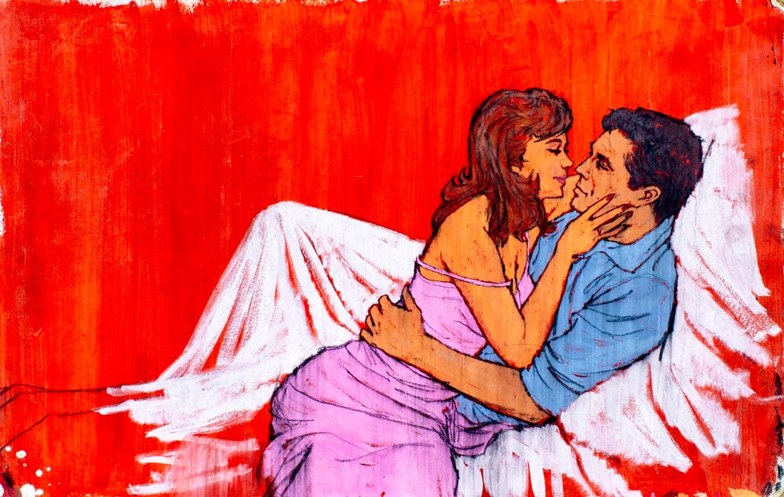 Victor Olson (CT,1924-2007) gouache painting: ARTIST: Victor Olson (Connecticut, 1924 - 2007) TITLE: Courting Couple MEDIUM: gouache on board CONDITION: Some damages to edges and corners. Few nail holes along edges. S