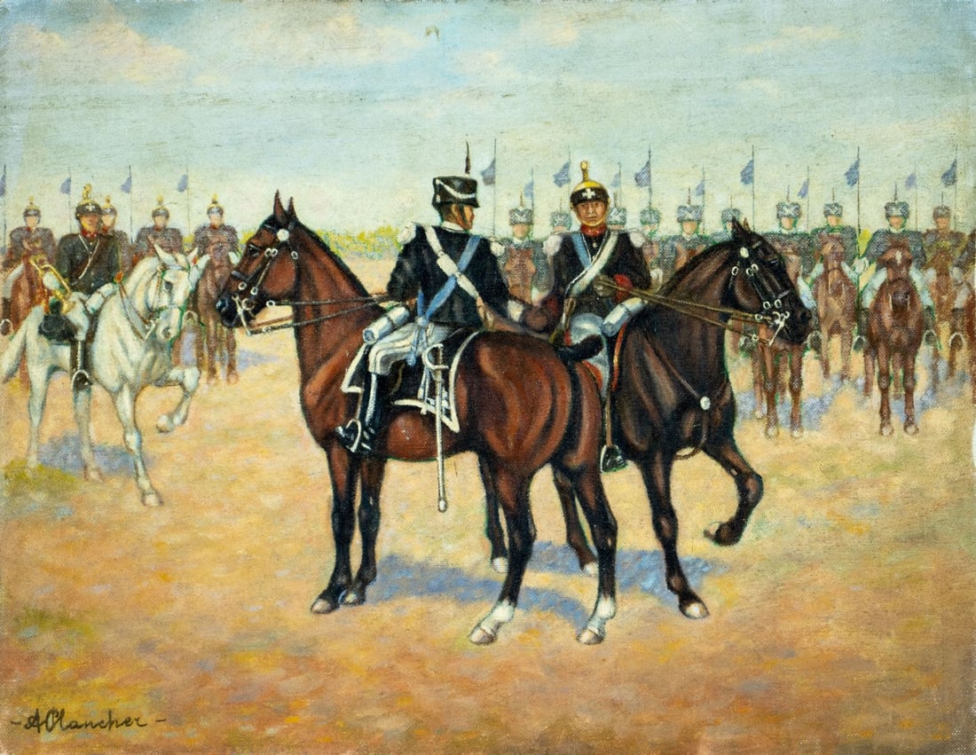 Arnold Plancher (NY,mid 20C) oil painting: ARTIST: Arnold Plancher (New York, mid 20 century) TITLE: Italian Cavalry (titled on verso) MEDIUM: oil on canvas board CONDITION: Missing a few flakes of paint. No visible