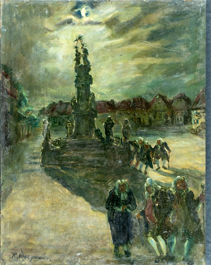 Reinhold Weegmann (Germany,1889-1963) oil painting: ARTIST: Reinhold Weegmann (German, 1889 - 1963) TITLE: Moonlit Cityscape MEDIUM: oil on canvas CONDITION: Tape repair to the right edge. Some damages to edges of canvas. Few