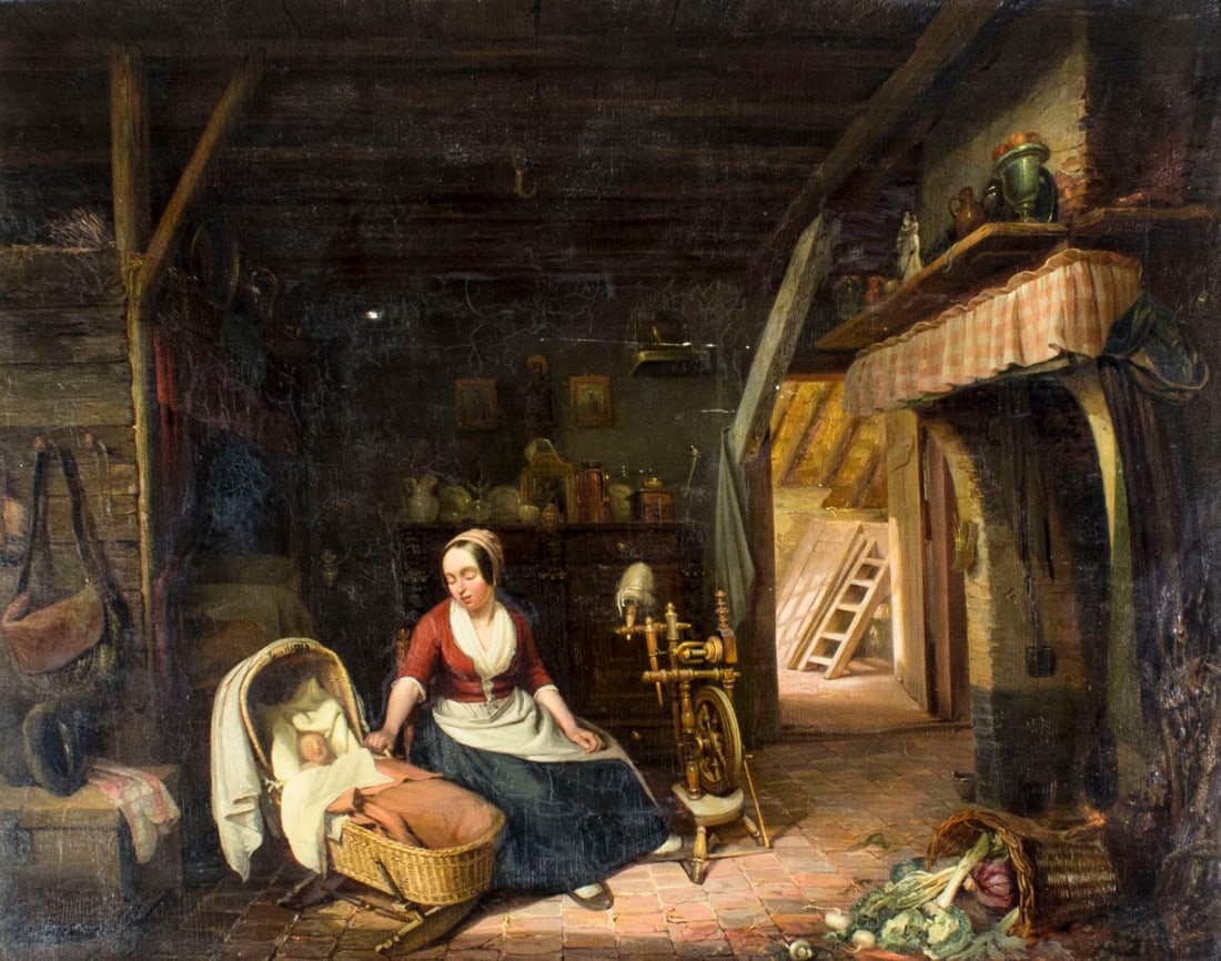 M J de Prins (Dutch,19C) oil painting antique: ARTIST: M J de Prins (Netherlands, 19 century) NAME: Inteior Scene with Mother and Child MEDIUM: oil on board CONDITION: Two scratches. Few minor paint losses. Minor craquelure. Minor scatte