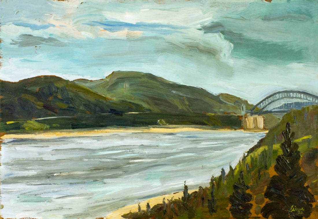 Robert Fieux (NY,MA,1919-1991) oil painting: ARTIST: Robert Fieux (New York, Massachusetts, 1919 - 1991) TITLE: River Landscape YEAR: 1983 MEDIUM: oil on board CONDITION: Very good. No visible inp