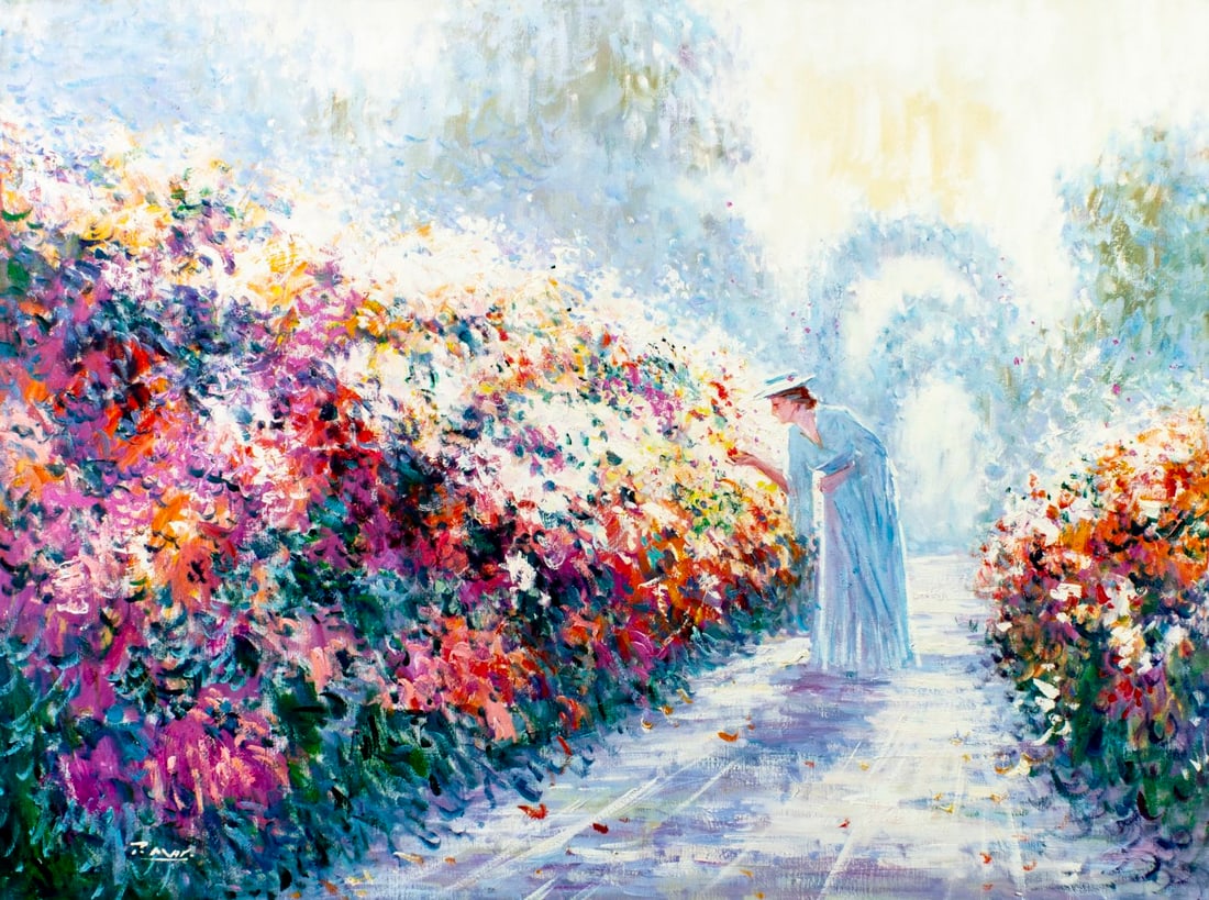 P Mak (Canada,CA,b 1958) oil painting: ARTIST: P Mak (Canadian, California, born 1958) TITLE: Woman at Garden MEDIUM: oil on canvas CONDITION: Unstretched (In-House stretching available) (In-House stretching avai