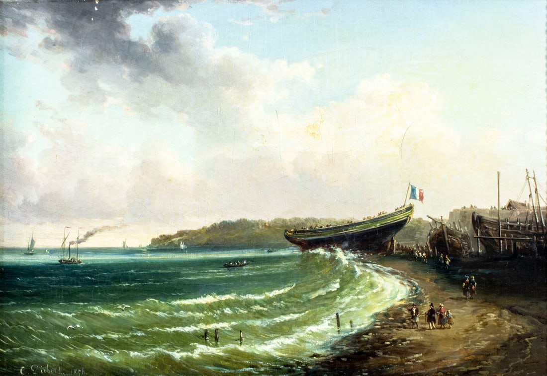 Charles Diebold (UK,19C) oil painting antique: ARTIST: Charles Diebold (United Kingdom, 19 century) TITLE: Coastal Landscape YEAR: 1856 MEDIUM: oil on canvas CONDITION: Relined. Few minor paint losses