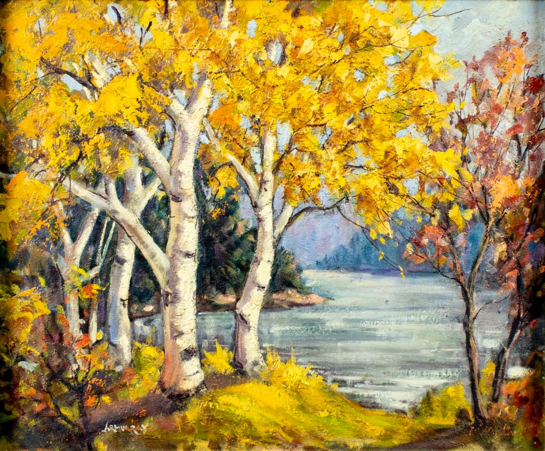 Antoinette R Murray (MA,1904-1979) oil painting: ARTIST: Antoinette R Murray (Massachusetts, 1904 - 1979) TITLE: Landscape - Indian Summer (titled on label) MEDIUM: oil on board CONDITION: Missing a few flakes of paint.