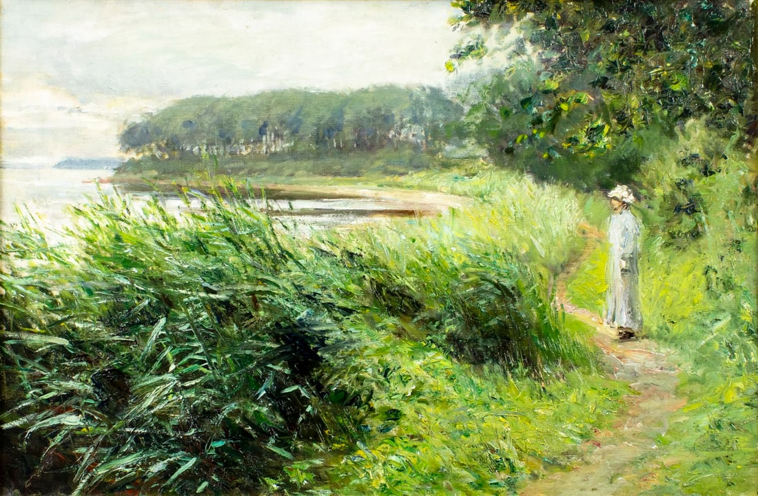 Antique early 20C American oil painting: ARTIST: - (American, early 20 century) TITLE: Lake Landscape with Woman MEDIUM: oil on canvas CONDITION: Missing a few flakes of paint. Minor craquelure. No visible inpai