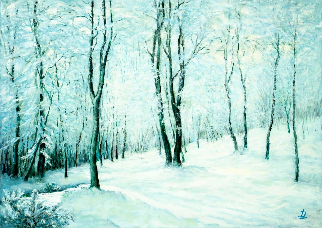 L Dolina (Europe,20C) oil painting: ARTIST: L Dolina (European, 20 century) TITLE: Winter Forest Landscape MEDIUM: oil on canvas CONDITION: Unstretched (In-House stretching available) (In-House stretching avai