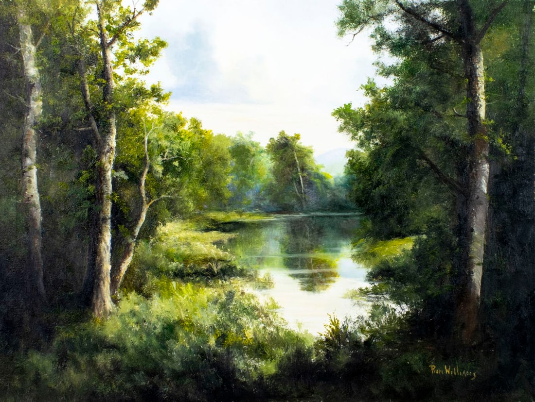 Ron Williams (TN,1947-2016) oil painting: ARTIST: Ron Williams (Tennessee, 1947 - 2016) TITLE: Forest Lake Landscape MEDIUM: oil on canvas CONDITION: Very good. No visible inpaint under UV light. Normal wear along