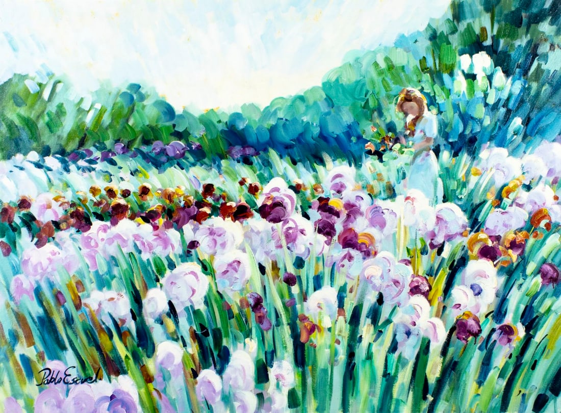 Pablo Escuel (Argentina,b 1951) oil painting: ARTIST: Pablo Escuel (Argentinian, born 1951) TITLE: Woman at Flower Field MEDIUM: oil on canvas CONDITION: Unstretched (In-House stretching available) (In-House stretching