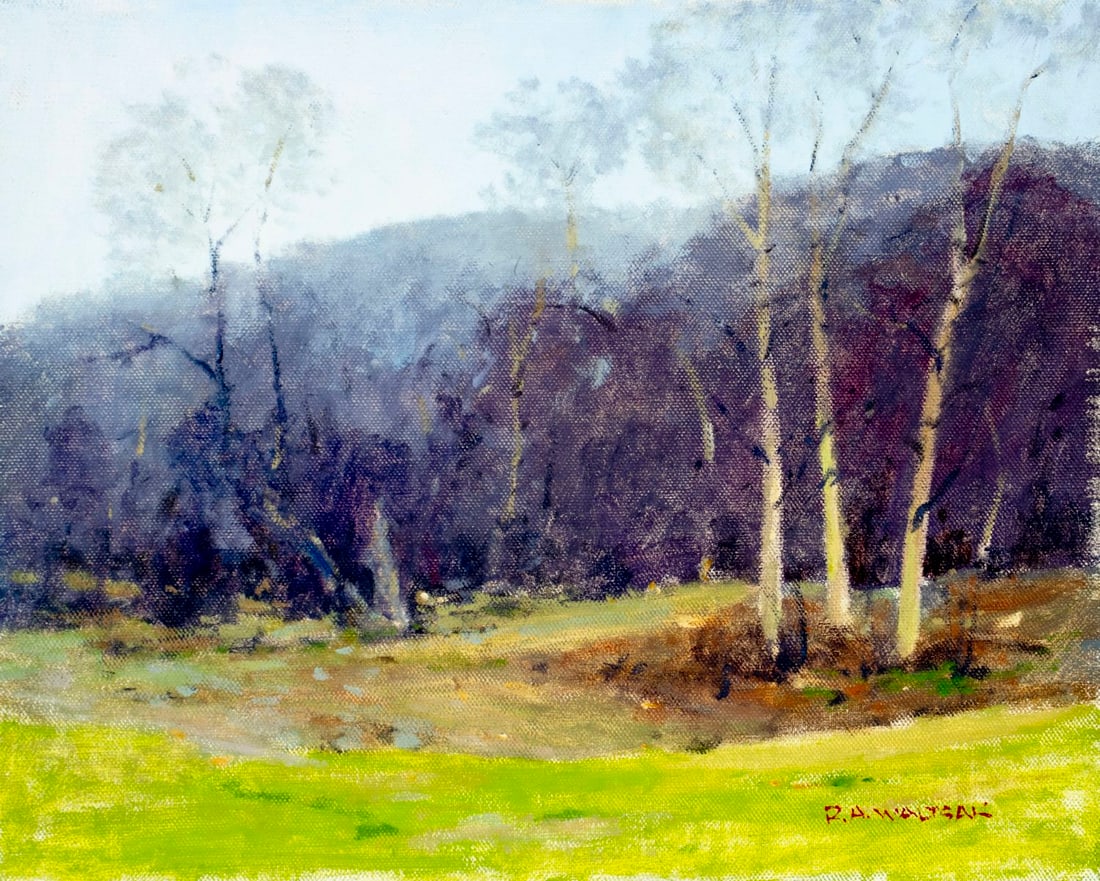 Robert Waltsak (NJ,b 1944) oil painting: ARTIST: Robert Alan Waltsak (New Jersey, born 1944) TITLE: Hilly Landscape MEDIUM: oil on canvas CONDITION: Overall good. No visible inpaint under UV light. Normal wear alon