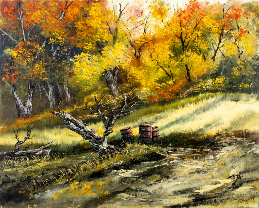 Hector Salas (Argentina,1926-?) oil painting: ARTIST: Hector Salas (Argentinian, 1926 - ???) TITLE: Autumn Forest Landscape MEDIUM: oil on canvas CONDITION: Unstretched (In-House stretching available) (In-House stretc