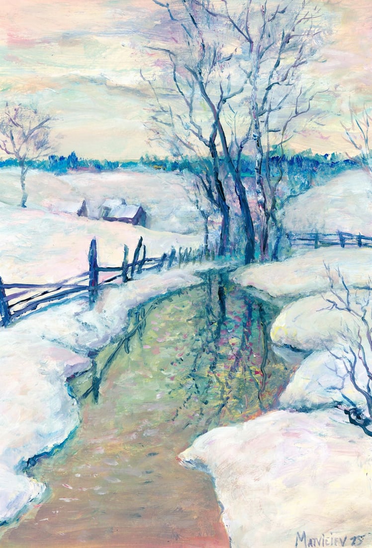 Andriy Matveiev (Ukraine,b 1988) oil painting: ARTIST: Andriy Matveiev (Ukraine, born 1988) TITLE: Winter Country Landscape MEDIUM: oil on heavy paper CONDITION: Very good. No visible inpaint under UV light. A