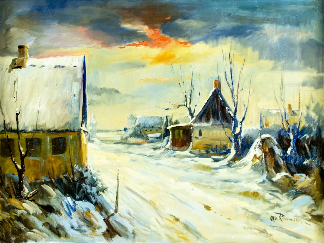 Vintage 20C Danish oil painting signed: ARTIST: - (Denmark, 20 century) TITLE: Sunset Village Landscape MEDIUM: oil on canvas CONDITION: Overall good. No visible inpaint under UV light. Some damages to frame. <