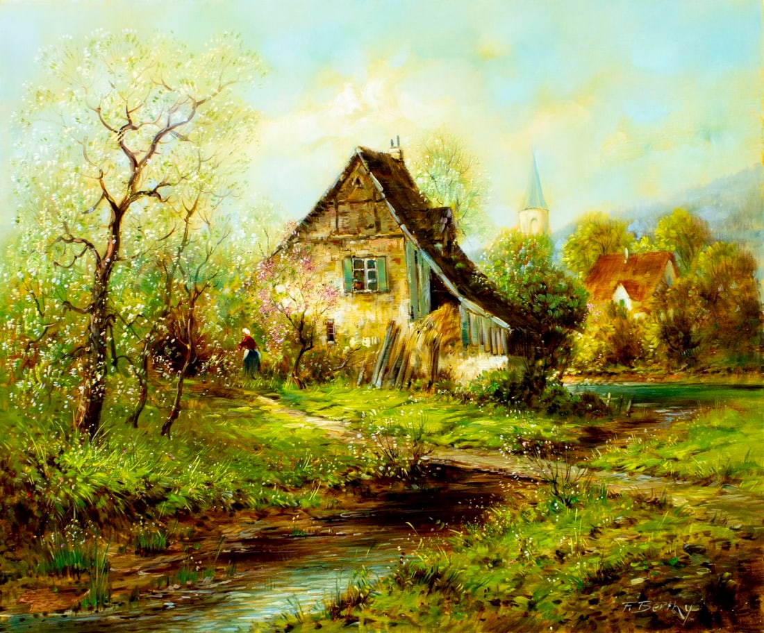 F Berthy (Europe,20C) oil painting: ARTIST: F Berthy (European, 20 century) TITLE: Village Landscape MEDIUM: oil on canvas CONDITION: Unstretched (In-House stretching available) (In-House stretching available)