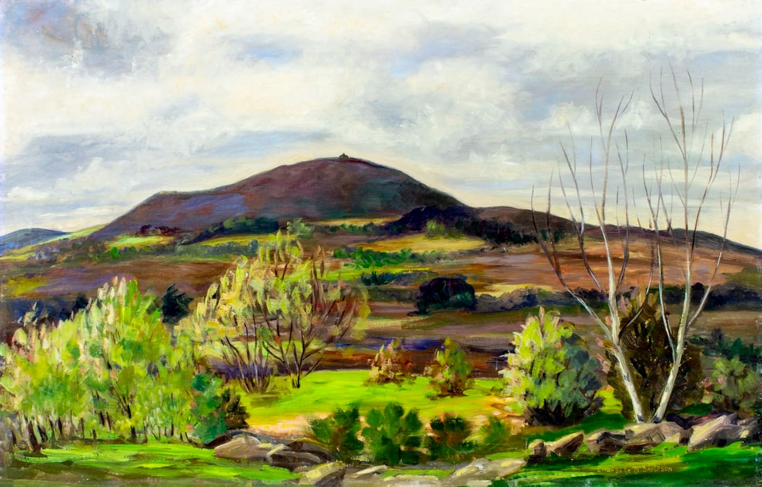 Elizabeth Sampson (MA,mid 20C) oil painting: ARTIST: Elizabeth Marsh Sampson (Massachusetts, mid 20 century) TITLE: Landscape - Mount Wachusett from Justice Hill, MA MEDIUM: oil on board CONDITION: Few minor paint loss