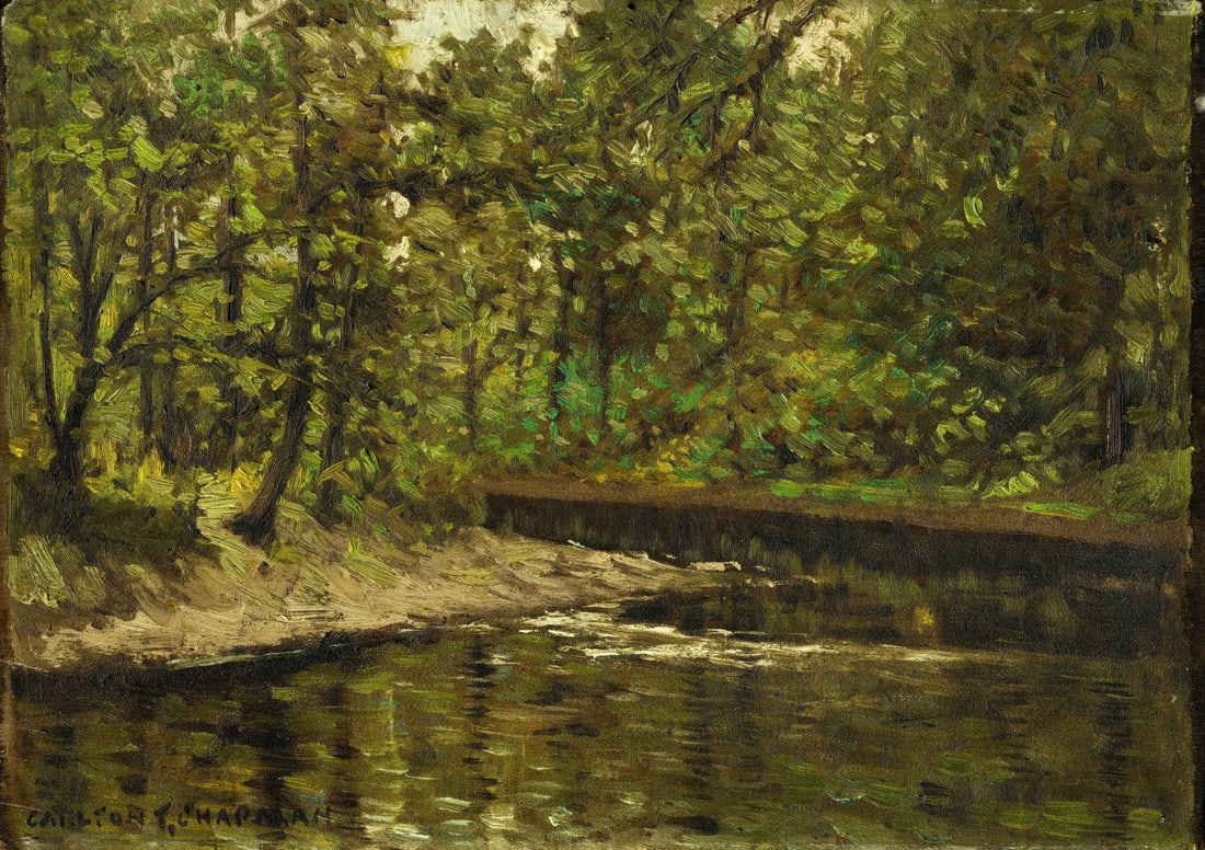 Carlton Theodore Chapman (NY,CA,1860-1925) oil painting antique: ARTIST: Carlton Theodore Chapman (New York, California, 1860 - 1925) TITLE: Forest River Landscape MEDIUM: oil on board CONDITION: One nail hole by the upper edge. Minor dam