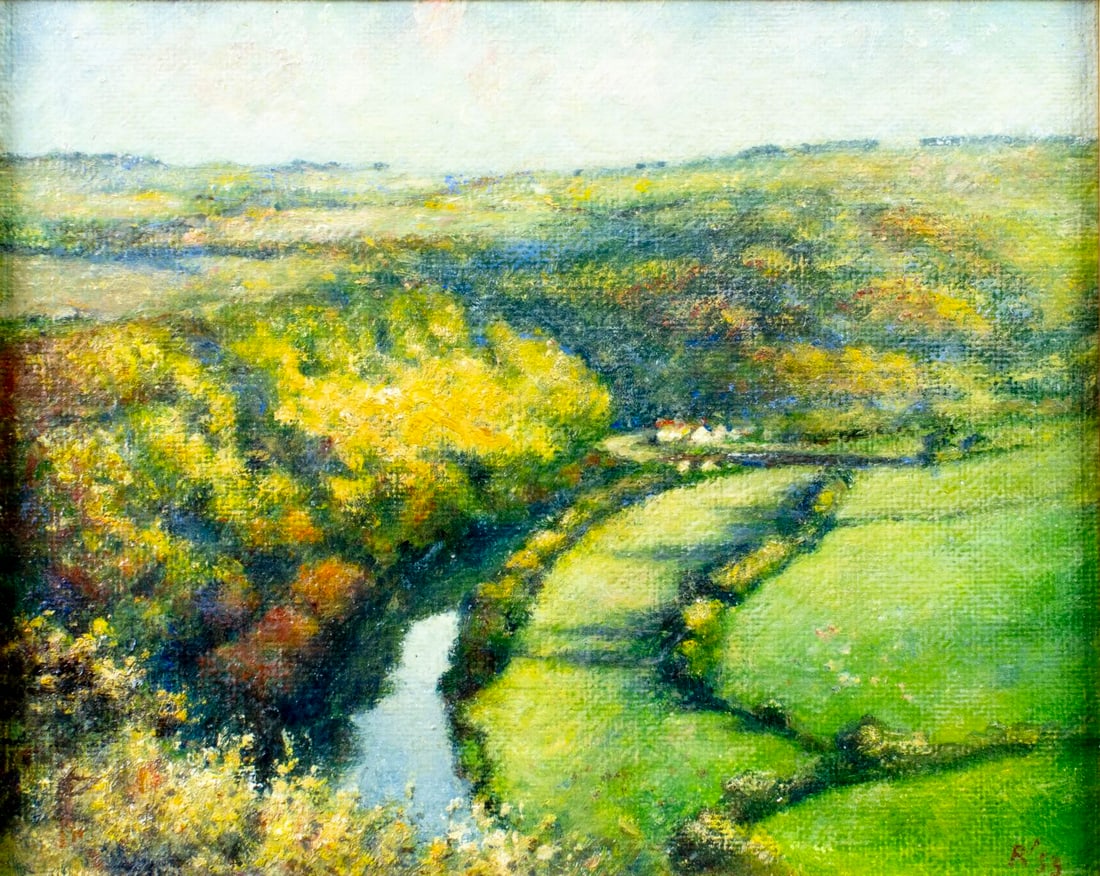 Vintage mid 20C European oil painting: ARTIST: ATTRIBUTED TO Albert Rutherston (United Kingdom, Switzerland, 1881 - 1953) TITLE: Countryside Landscape YEAR: 1953 MEDIUM: oil on board CONDITION: