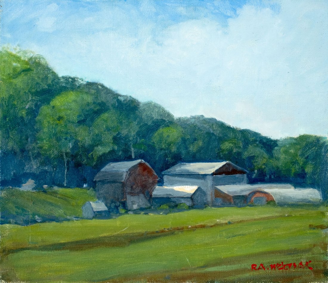 Robert Waltsak (NJ,b 1944) oil painting: ARTIST: Robert Alan Waltsak (New Jersey, born 1944) TITLE: Farm Landscape MEDIUM: oil on canvas CONDITION: Overall good. No visible inpaint under UV light. Normal wear along
