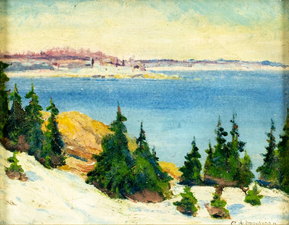 Thompson (US,mid 20C) oil painting: ARTIST: Thompson (American, mid 20 century) TITLE: Winter River Landscape MEDIUM: oil on board CONDITION: Few minor paint losses. No visible inpaint under UV light. Wear to