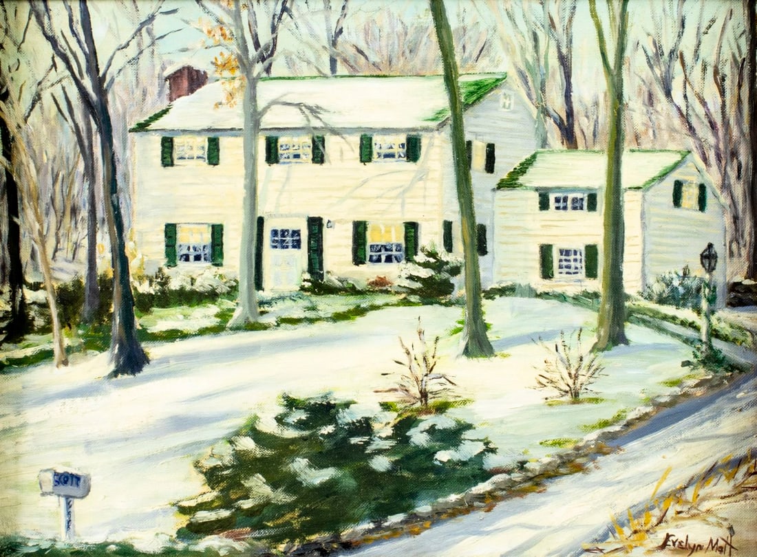 Evelyn Mott (MA,1907-2005) oil painting: ARTIST: Evelyn Mott (Massachusetts, 1907 - 2005) TITLE: Landscape - The Farm House (titled on verso) YEAR: 1959 MEDIUM: oil on canvas board CONDITION: