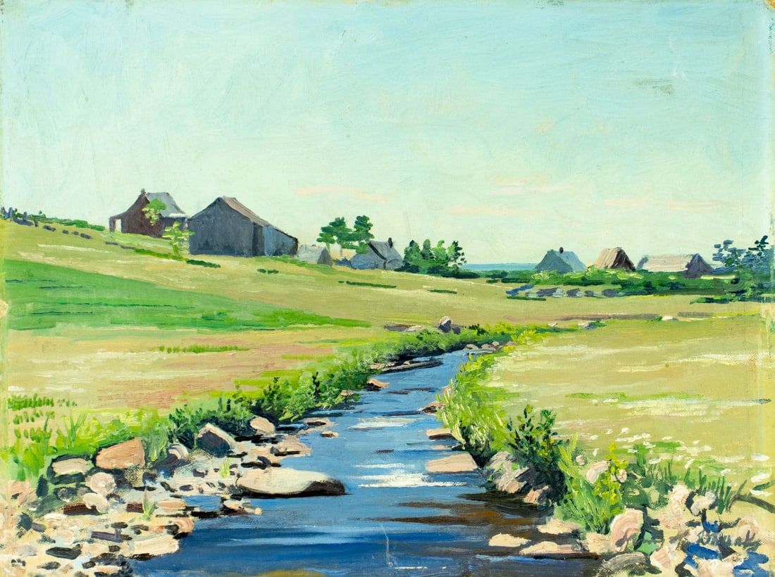 Vintage mid 20C American oil painting signed: ARTIST: - (American, mid 20 century) TITLE: Country River Landscape MEDIUM: oil on canvas board CONDITION: Minor damages to the upper right corner. Few small scratches/pai