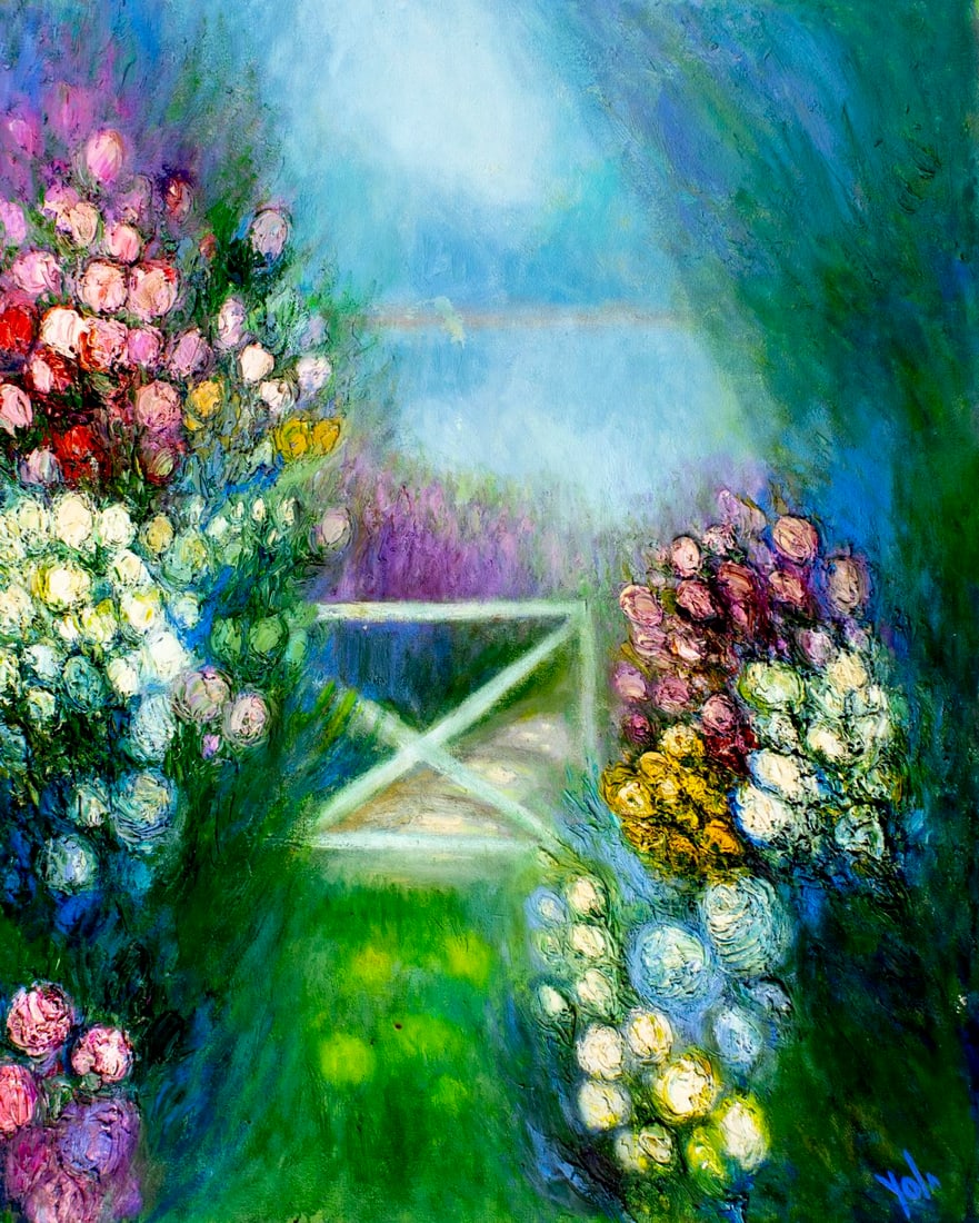 Yolanda Razzeto (Peru,1948-?) oil painting: ARTIST: Yolanda Razzeto (Peruvian, 1948 - ???) TITLE: Flower Garden Landscape MEDIUM: oil on canvas CONDITION: Unstretched (In-House stretching available). Some paint loss